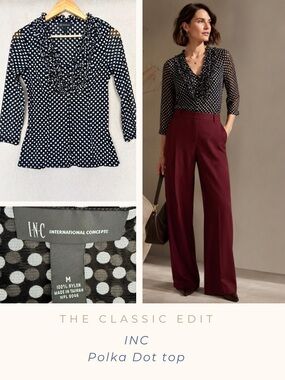 INC International Concepts | Black & White Polka Dot Ruffle Blouse | 3/4 sleeve